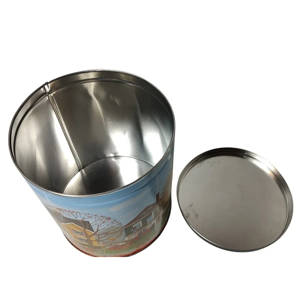 Vintage Trails End Autumn Tin Canister Fall Leaves and Houses Neighborhood Round
